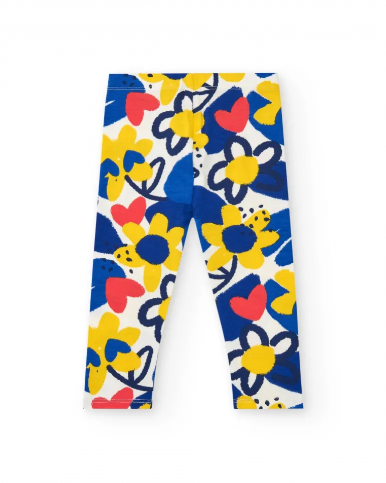 Leggings bleus pour fille avec fleurs et taille élastique