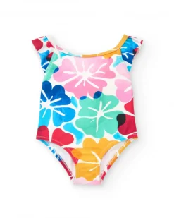 Maillot de bain blanc pour fille avec imprimé floral et volants