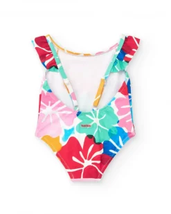 Maillot de bain blanc pour fille avec imprimé floral et volants