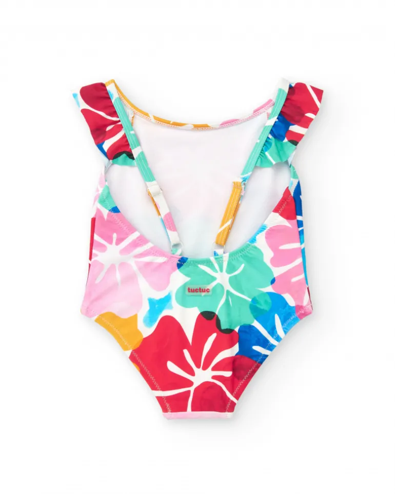 Maillot de bain blanc pour fille avec imprimé floral et volants