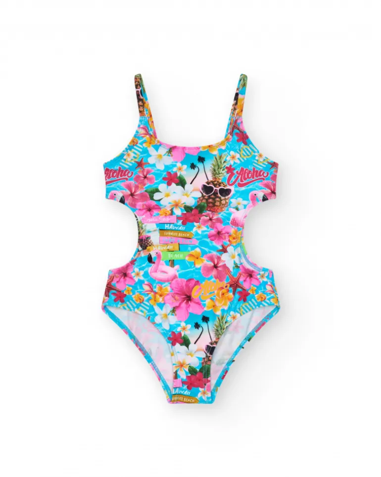 Maillot de bain multicolore pour fille avec imprimé tropical et bretelles.