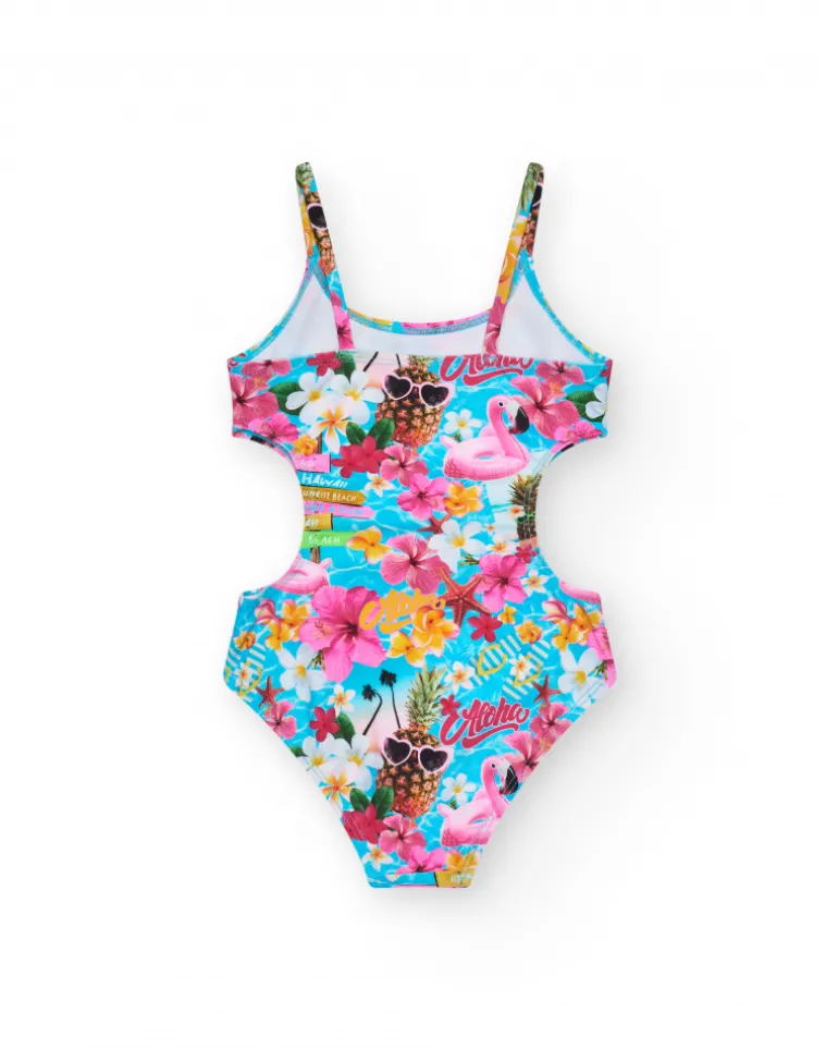 Maillot de bain multicolore pour fille avec imprimé tropical et bretelles.