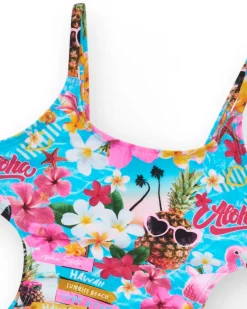 Maillot de bain multicolore pour fille avec imprimé tropical et bretelles.