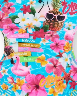 Maillot de bain multicolore pour fille avec imprimé tropical et bretelles.