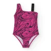 Maillot de bain pour fille en rose avec imprimé animal et design asymétrique.