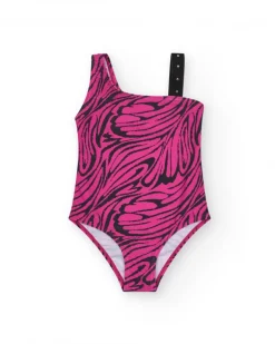 Maillot de bain pour fille en rose avec imprimé animal et design asymétrique.