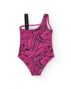 Maillot de bain pour fille en rose avec imprimé animal et design asymétrique.