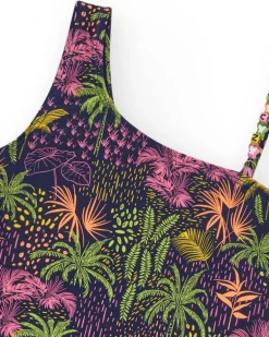 Maillot de bain pour fille en bleu marine avec design asymétrique et imprimé tropical.