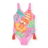 Maillot de bain rose pour fille avec imprimé tropical et pompons latéraux