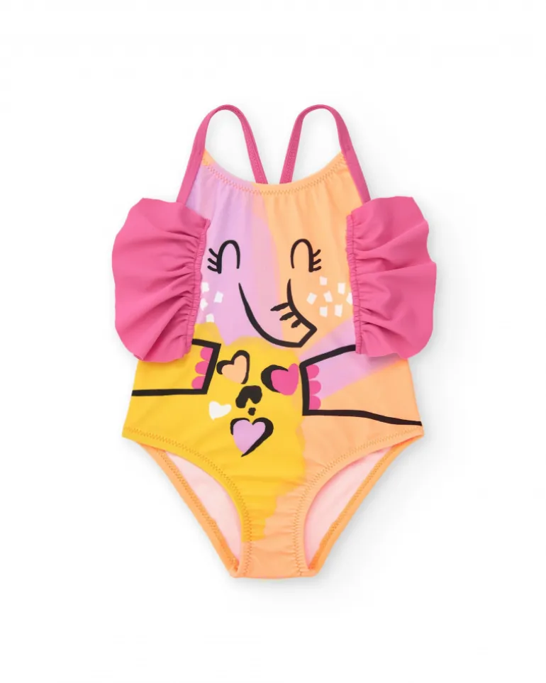 Maillot de bain rose pour fille avec éléphant et cœurs