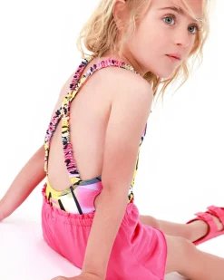 Maillot de bain rose pour fille avec découpes latérales