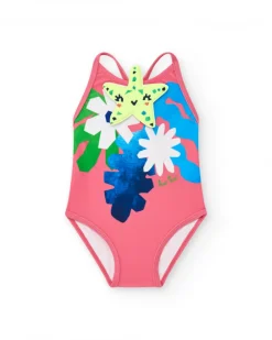 Maillot de bain rose pour fille avec fleurs et bretelles croisées