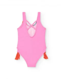 Maillot de bain rose pour fille avec imprimé tropical et pompons latéraux