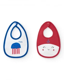 Pack de deux bavoirs marins pour garçon, un blanc avec méduses et un rouge avec un visage