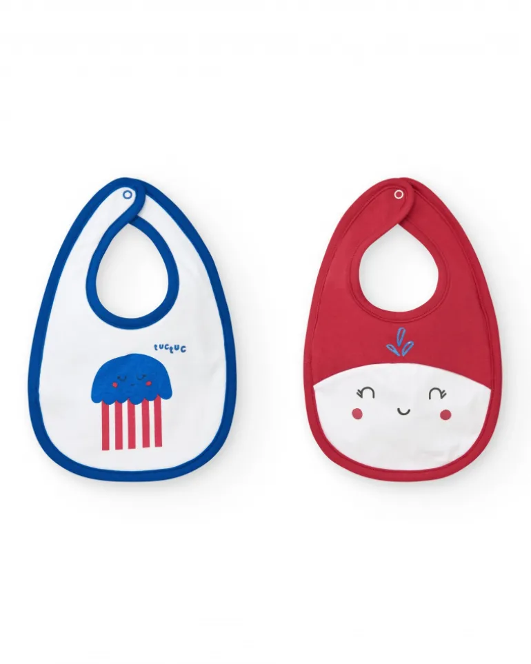 Pack de deux bavoirs marins pour garçon, un blanc avec méduses et un rouge avec un visage