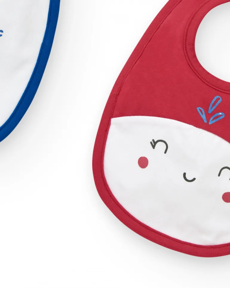 Pack de deux bavoirs marins pour garçon, un blanc avec méduses et un rouge avec un visage