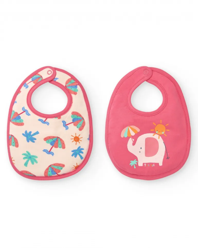 Pack de deux bavoirs pour fille rose avec imprimés d'éléphants, parapluies et palmiers