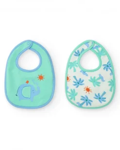 Pack de deux bavoirs pour garçon, un vert avec éléphant et l'autre avec palmiers et soleils