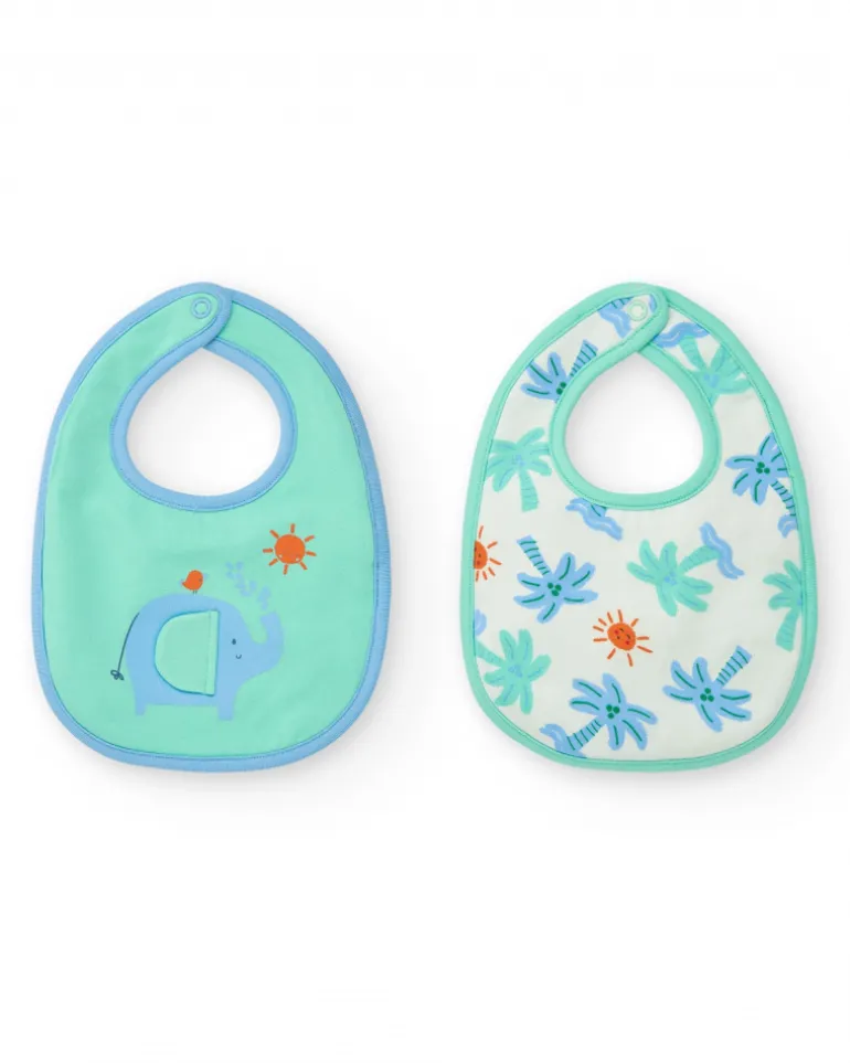 Pack de deux bavoirs pour garçon, un vert avec éléphant et l'autre avec palmiers et soleils
