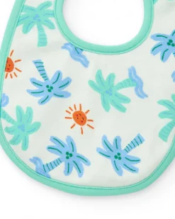 Pack de deux bavoirs pour garçon, un vert avec éléphant et l'autre avec palmiers et soleils