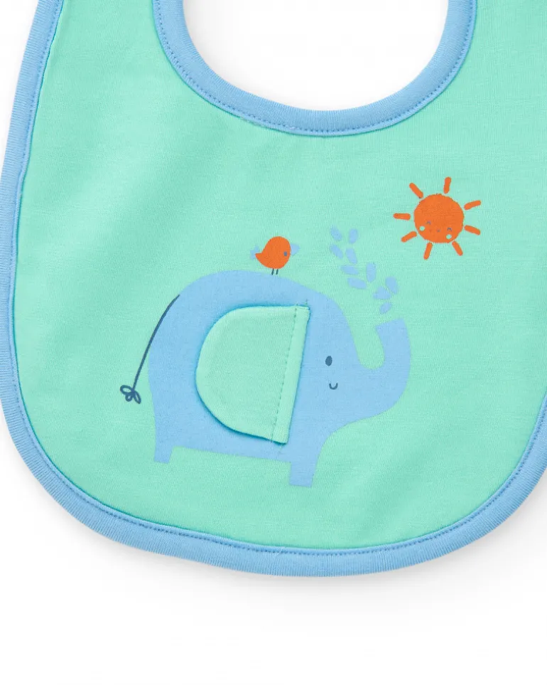 Pack de deux bavoirs pour garçon, un vert avec éléphant et l'autre avec palmiers et soleils