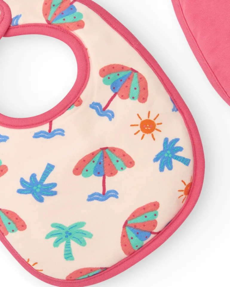Pack de deux bavoirs pour fille rose avec imprimés d'éléphants, parapluies et palmiers