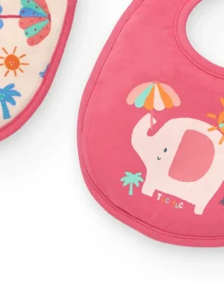 Pack de deux bavoirs pour fille rose avec imprimés d'éléphants, parapluies et palmiers
