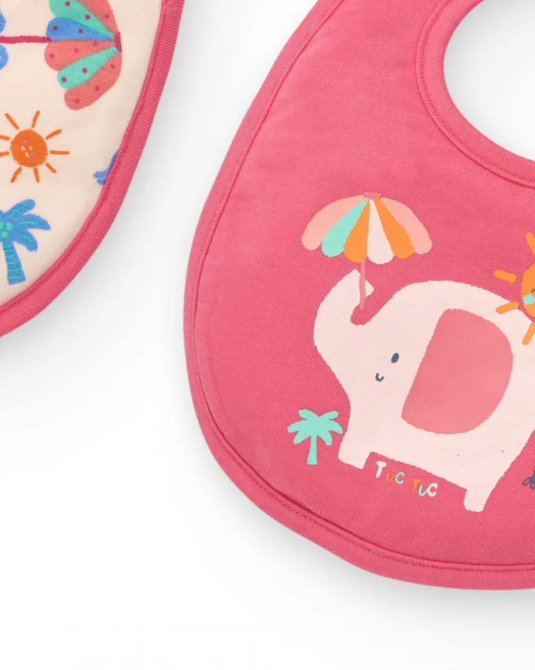 Pack de deux bavoirs pour fille rose avec imprimés d'éléphants, parapluies et palmiers