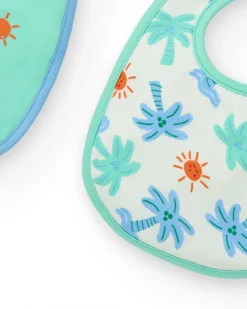 Pack de deux bavoirs pour garçon, un vert avec éléphant et l'autre avec palmiers et soleils