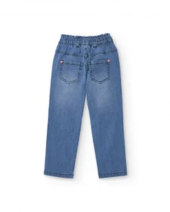 Pantalón vaquero para niña en azul con estampado de corazón