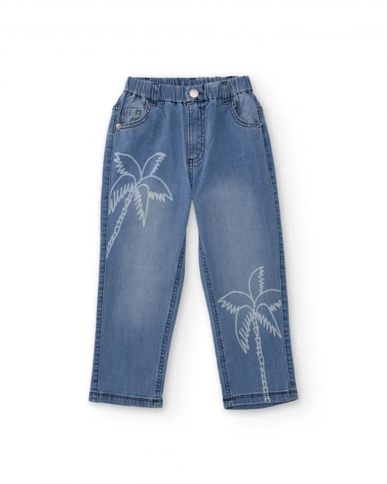 Pantalón vaquero para niño en azul con estampado de palmeras