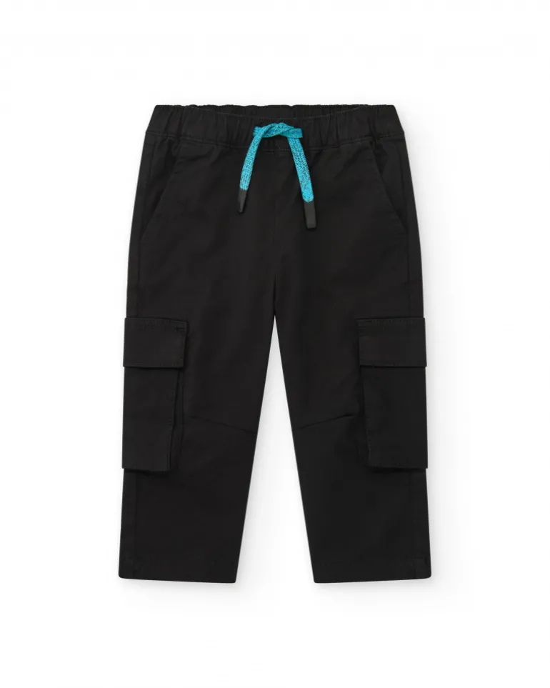 Pantalon cargo noir pour garçon avec poches et cordon bleu