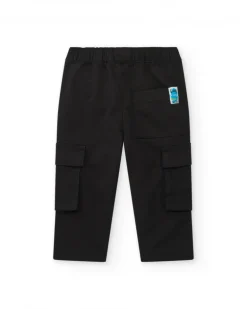 Pantalon cargo noir pour garçon avec poches et cordon bleu