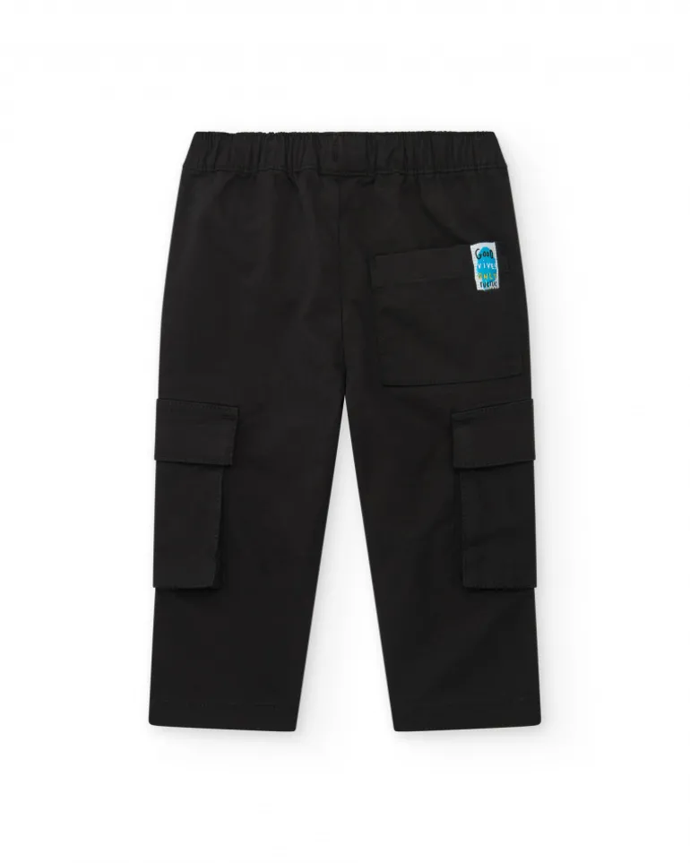 Pantalon cargo noir pour garçon avec poches et cordon bleu