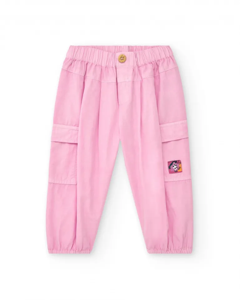 Pantalon cargo rose pour fille avec poches et poignets élastiques