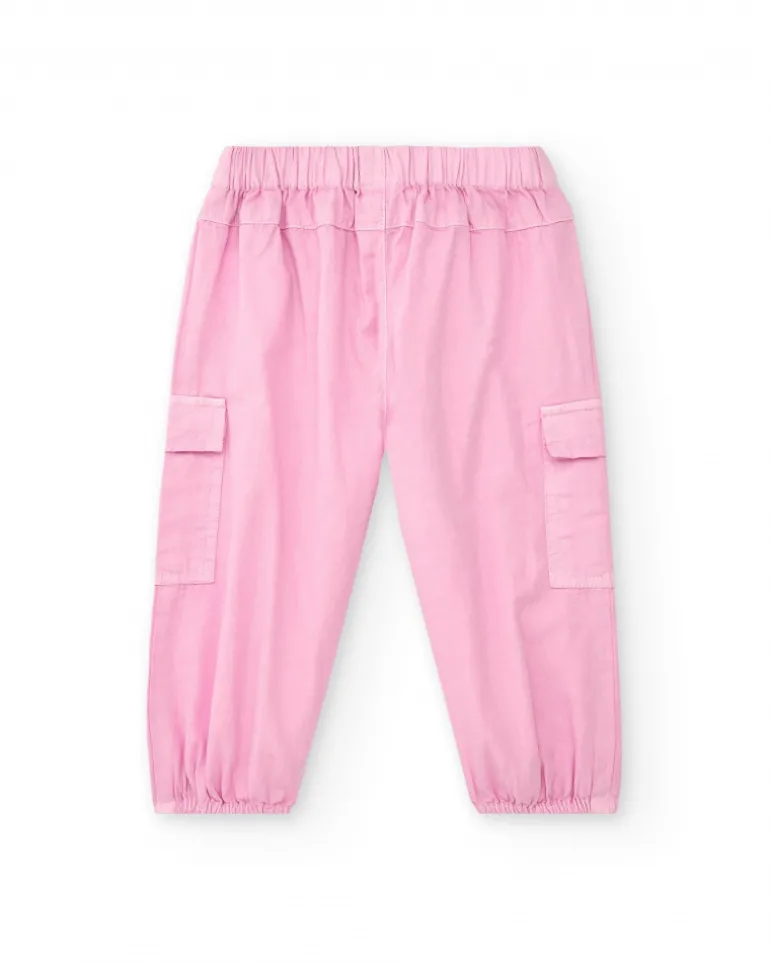 Pantalon cargo rose pour fille avec poches et poignets élastiques