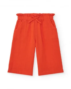 Pantalon culotte orange pour fille avec taille froncée et nœud