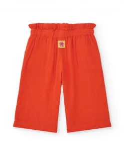 Pantalon culotte orange pour fille avec taille froncée et nœud