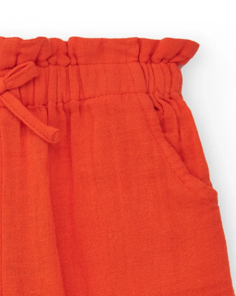 Pantalon culotte orange pour fille avec taille froncée et nœud
