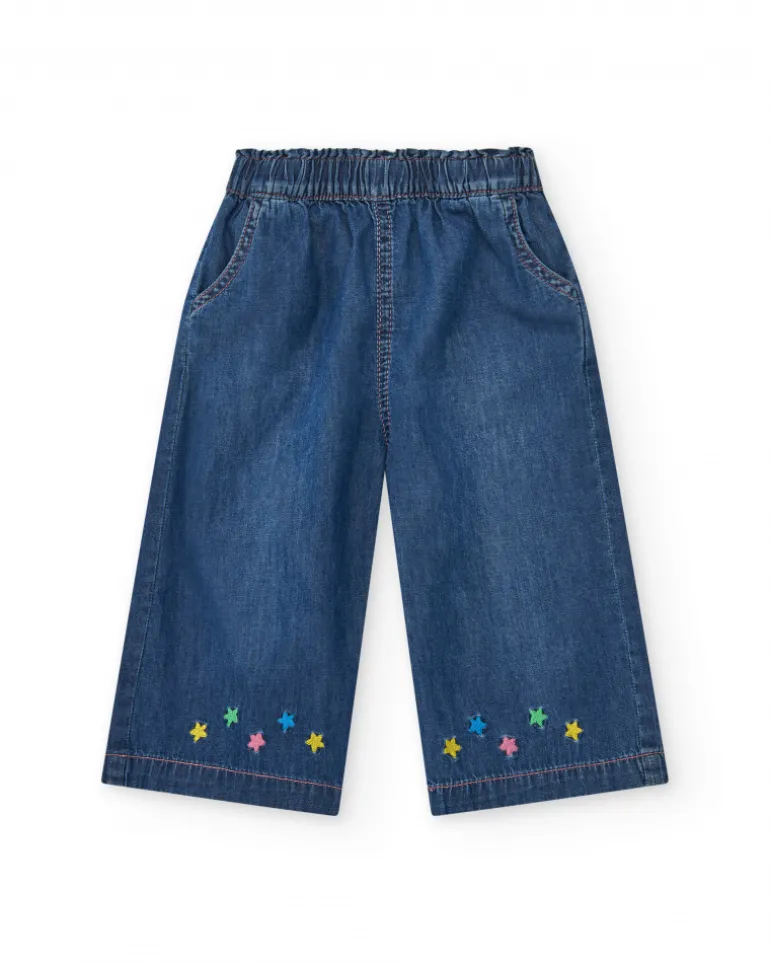 Pantalon en denim bleu pour fille avec étoiles brodées