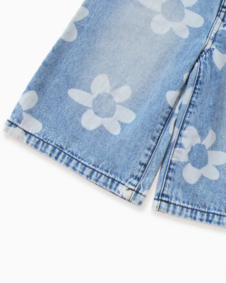 Pantalon en denim bleu pour fille avec imprimé floral