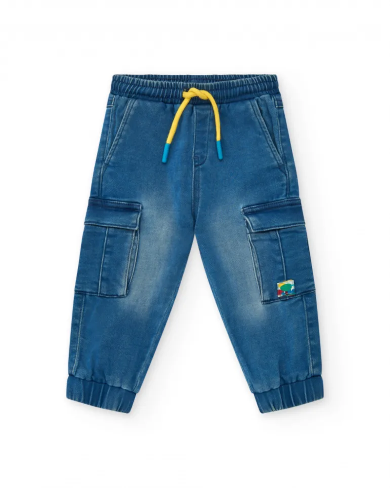 Pantalon en tissu pour garçon en bleu avec des détails cargo Happy Garden