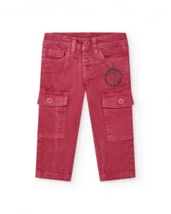 Pantalon en toile rouge pour garçon avec effet délavé et poches