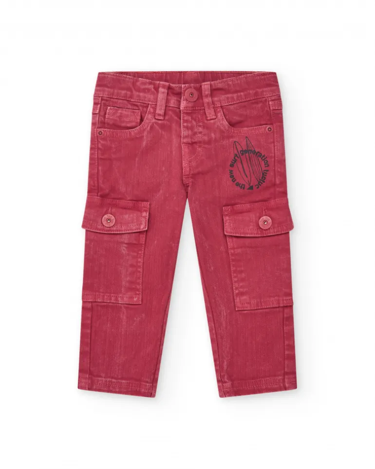 Pantalon en toile rouge pour garçon avec effet délavé et poches