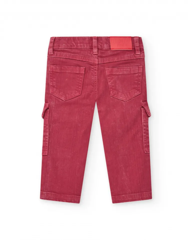Pantalon en toile rouge pour garçon avec effet délavé et poches