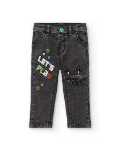 Pantalon garçon en jean noir motif "Let's Play", collection Cyber Dino