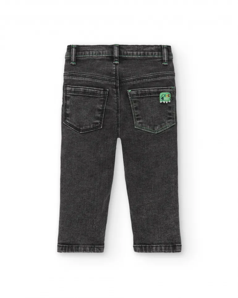 Pantalon garçon en jean noir motif "Let's Play", collection Cyber Dino