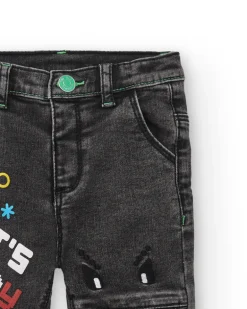 Pantalon garçon en jean noir motif "Let's Play", collection Cyber Dino