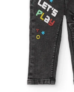 Pantalon garçon en jean noir motif "Let's Play", collection Cyber Dino