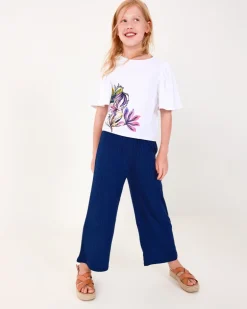 Pantalon pour fille en bleu avec taille élastique et cordon de serrage.